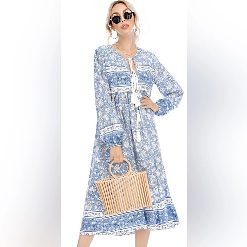 R. Vivimos Bohemian V-Neck Midi Dress - Picture 3 of 9
